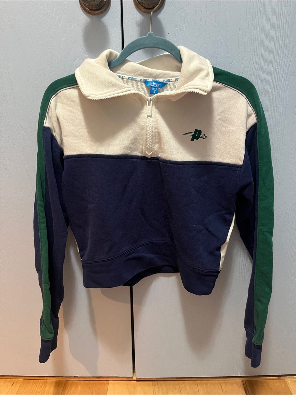 Prince Half-Zip Cropped Colorblock Pullover - Navy, Cream & Green